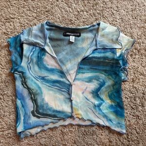 Urban Outfitters Blue and White Cropped Button Down Shirt